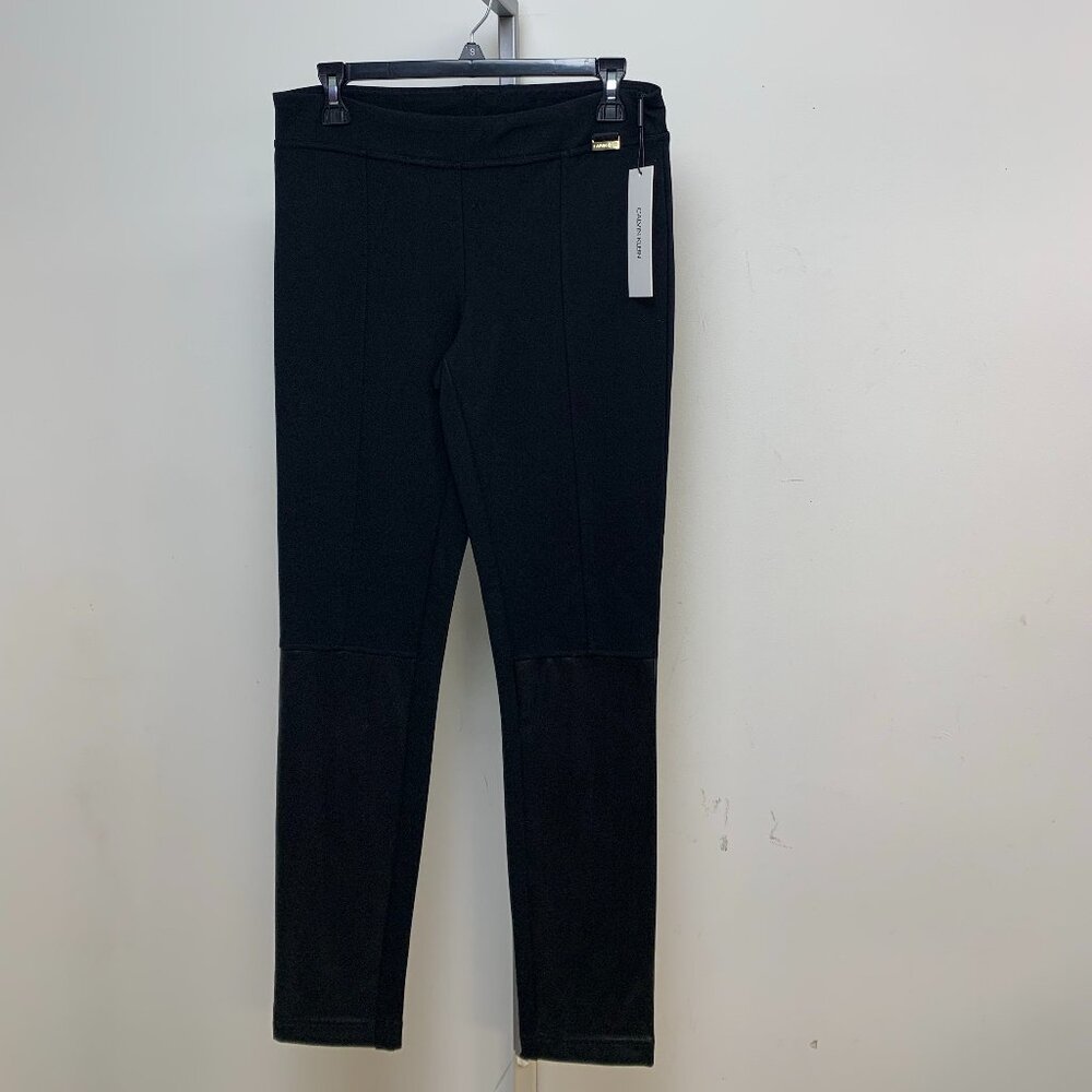 New Calvin Klein Women's Mixed Media Black Pant Leggings w Faux Leather